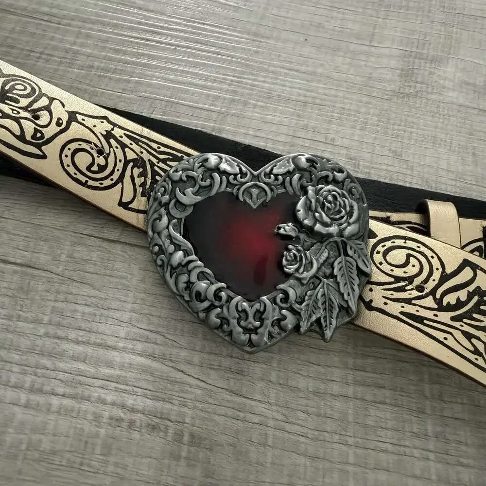 Gothic Style Faux Leather Belt with Red Heart Rose Embossed Buckle